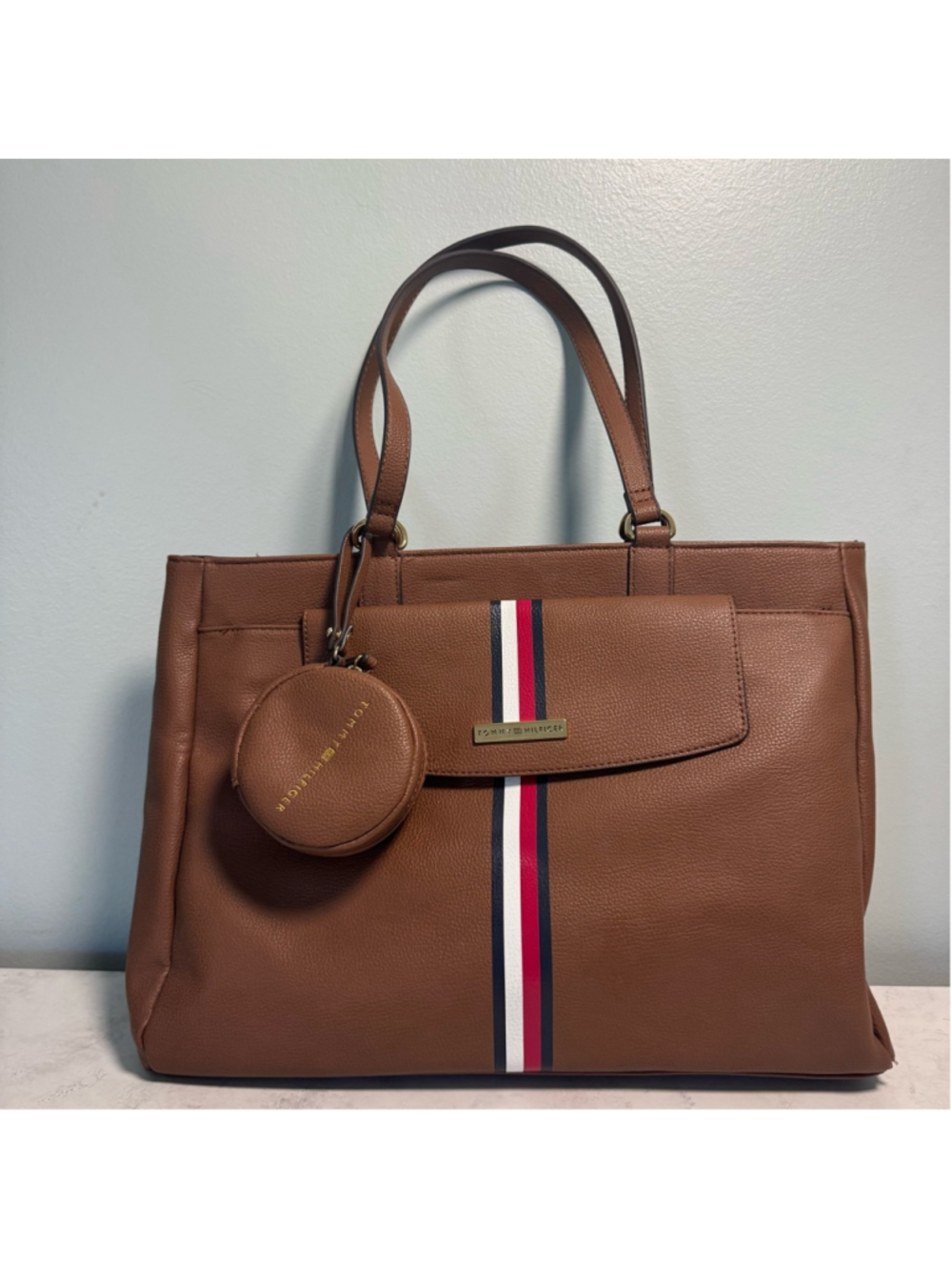 Women's Tommy Hilfiger Brown Tote Bag Large Red White Blue Logo Shopper Purse
